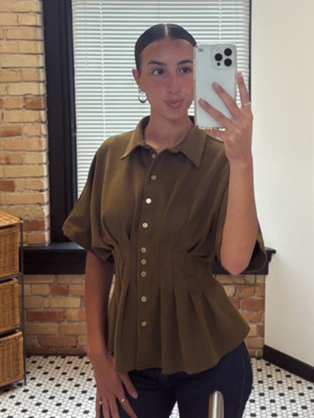 EXQUISE The Tobie Vegan Suede Pleated Blouse in Green Size XS NEW